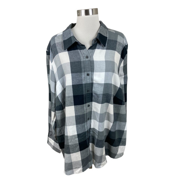 Lands End 2X Gray Black Buffalo Check Cozy Flannel Button Shirt 20W-22W Outdoors - Picture 1 of 4